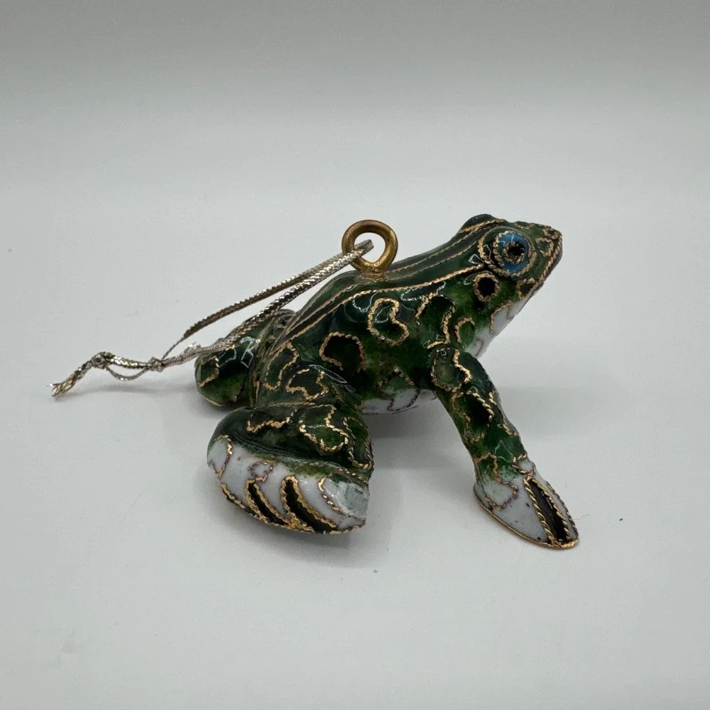 Vintage Cloisonné Enamel Frog Ornament Figurine Green & Gold Decorative Frog